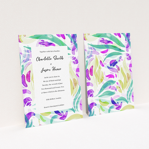 A personalised wedding invite called "Neon Florals". It is an A6 invite in a portrait orientation. "Neon Florals" is available as a flat invite, with tones of white and green.