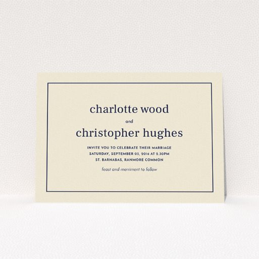 A personalised wedding invite named "Nice and square". It is an A5 invite in a landscape orientation. "Nice and square" is available as a flat invite, with mainly dark cream colouring.