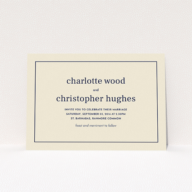 A personalised wedding invite named "Nice and square". It is an A5 invite in a landscape orientation. "Nice and square" is available as a flat invite, with mainly dark cream colouring.
