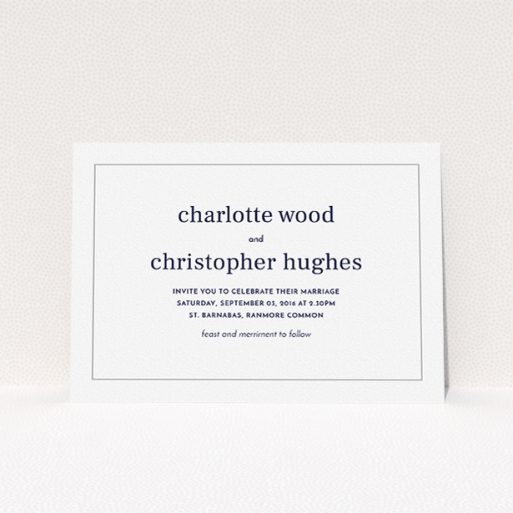 A personalised wedding invite design called "Nice and square". It is an A5 invite in a landscape orientation. "Nice and square" is available as a flat invite, with tones of white and Grey.