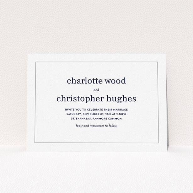 A personalised wedding invite design called "Nice and square". It is an A5 invite in a landscape orientation. "Nice and square" is available as a flat invite, with tones of white and Grey.