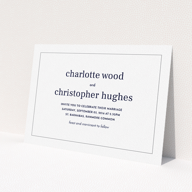 A personalised wedding invite design called 'Nice and square'. It is an A5 invite in a landscape orientation. 'Nice and square' is available as a flat invite, with tones of white and Grey.