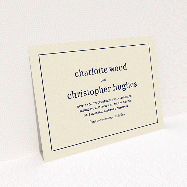 A personalised wedding invite named "Nice and square". It is an A5 invite in a landscape orientation. "Nice and square" is available as a flat invite, with mainly dark cream colouring.
