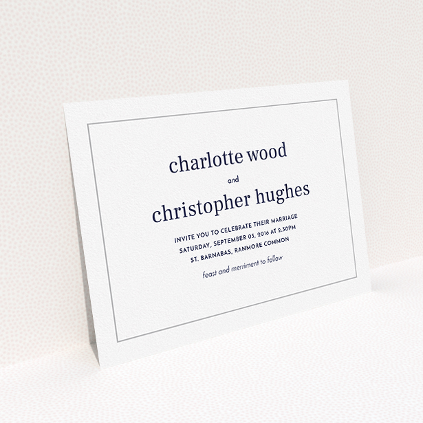 A personalised wedding invite design called "Nice and square". It is an A5 invite in a landscape orientation. "Nice and square" is available as a flat invite, with tones of white and Grey.