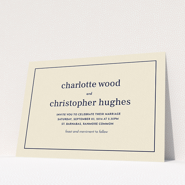 A personalised wedding invite named "Nice and square". It is an A5 invite in a landscape orientation. "Nice and square" is available as a flat invite, with mainly dark cream colouring.