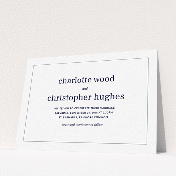 A personalised wedding invite design called "Nice and square". It is an A5 invite in a landscape orientation. "Nice and square" is available as a flat invite, with tones of white and Grey.