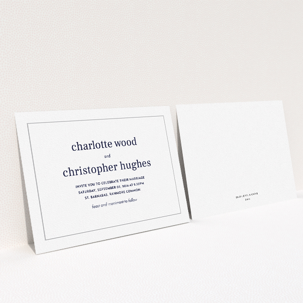 A personalised wedding invite design called "Nice and square". It is an A5 invite in a landscape orientation. "Nice and square" is available as a flat invite, with tones of white and Grey.
