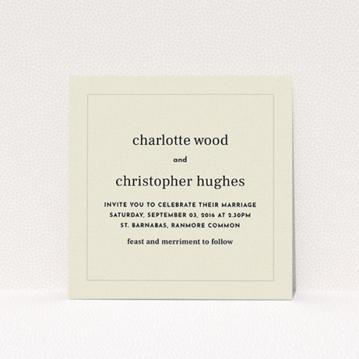 A personalised wedding invite template titled "Nice and square". It is a square (148mm x 148mm) invite in a square orientation. "Nice and square" is available as a flat invite, with mainly dark cream colouring.