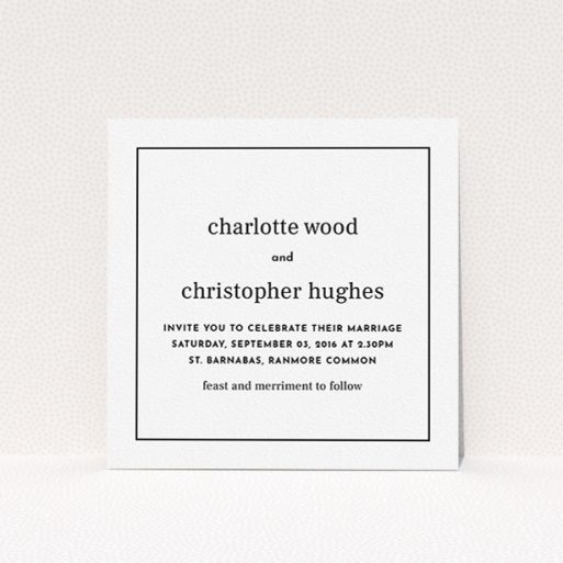 A personalised wedding invite named "Nice and square". It is a square (148mm x 148mm) invite in a square orientation. "Nice and square" is available as a flat invite, with mainly white colouring.