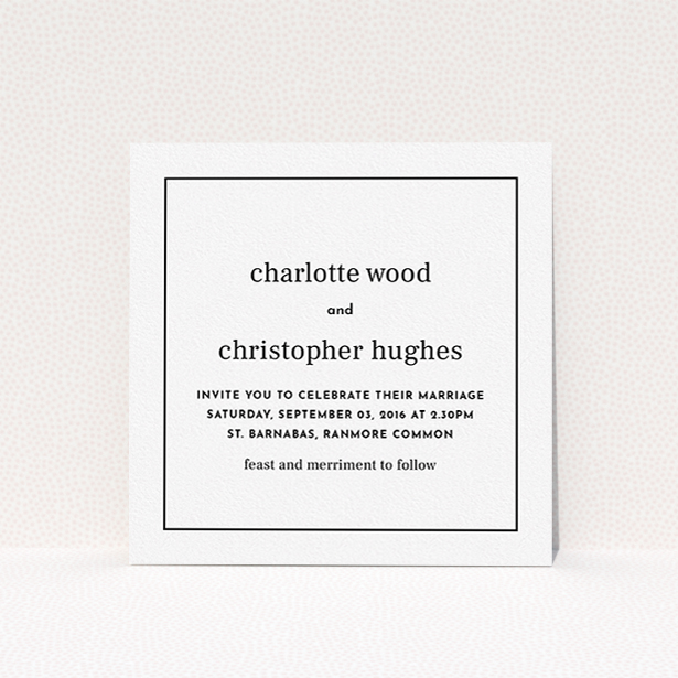 A personalised wedding invite named "Nice and square". It is a square (148mm x 148mm) invite in a square orientation. "Nice and square" is available as a flat invite, with mainly white colouring.
