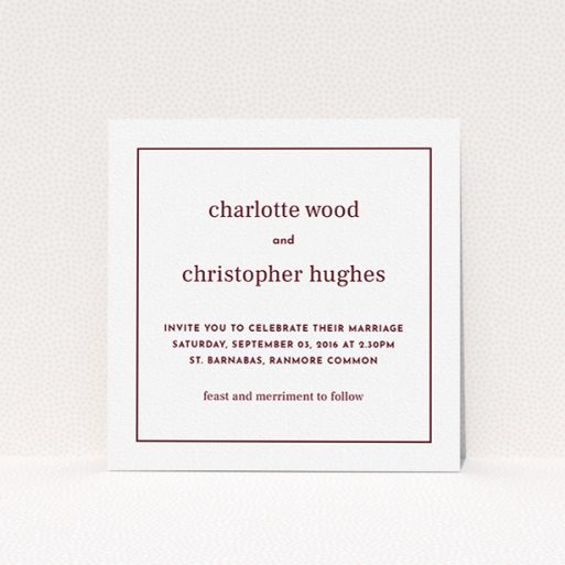 A personalised wedding invite design named "Nice and square". It is a square (148mm x 148mm) invite in a square orientation. "Nice and square" is available as a flat invite, with tones of white and burgundy.