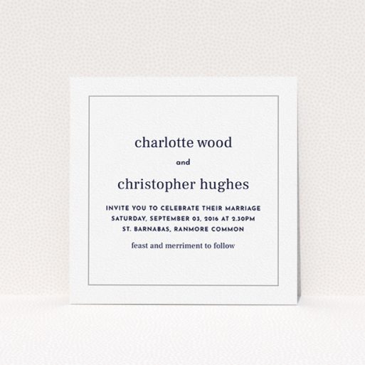 A personalised wedding invite design called "Nice and square". It is a square (148mm x 148mm) invite in a square orientation. "Nice and square" is available as a flat invite, with tones of white and Grey.