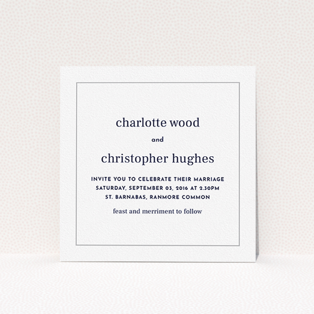 A personalised wedding invite design called "Nice and square". It is a square (148mm x 148mm) invite in a square orientation. "Nice and square" is available as a flat invite, with tones of white and Grey.