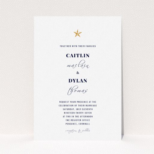 A personalised wedding invite called "North Star". It is an A5 invite in a portrait orientation. "North Star" is available as a flat invite, with tones of white and gold.