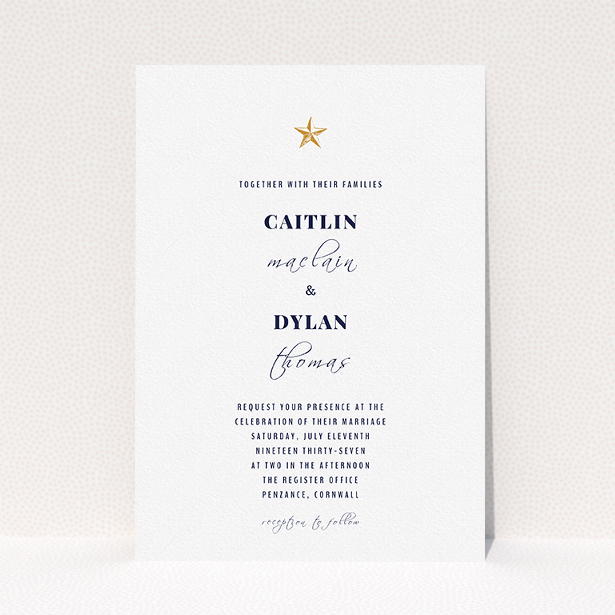 A personalised wedding invite called "North Star". It is an A5 invite in a portrait orientation. "North Star" is available as a flat invite, with tones of white and gold.