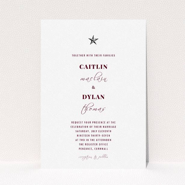 A personalised wedding invite design titled "North Star". It is an A5 invite in a portrait orientation. "North Star" is available as a flat invite, with mainly white colouring.
