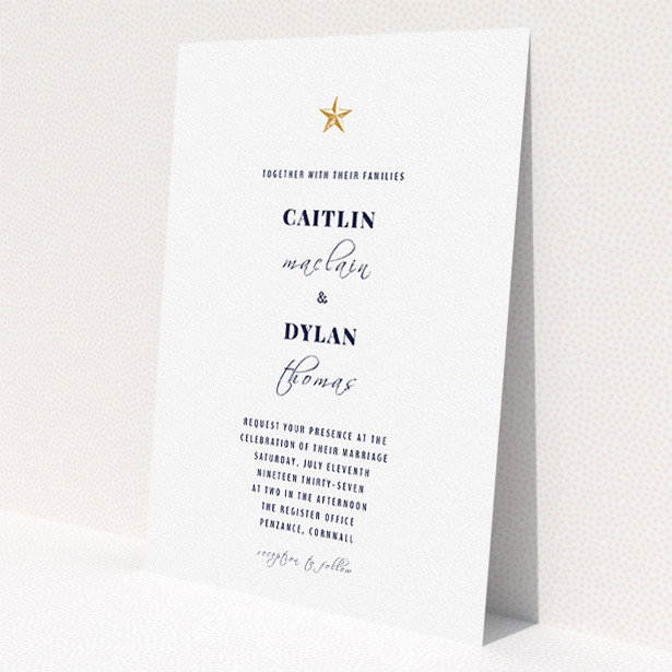 A personalised wedding invite called "North Star". It is an A5 invite in a portrait orientation. "North Star" is available as a flat invite, with tones of white and gold.