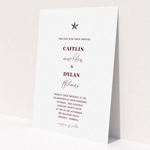 A personalised wedding invite design titled 'North Star'. It is an A5 invite in a portrait orientation. 'North Star' is available as a flat invite, with mainly white colouring.