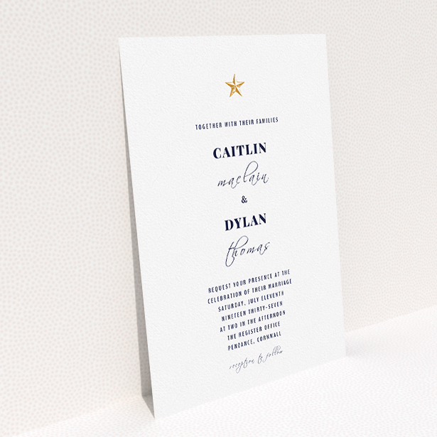 A personalised wedding invite called "North Star". It is an A5 invite in a portrait orientation. "North Star" is available as a flat invite, with tones of white and gold.