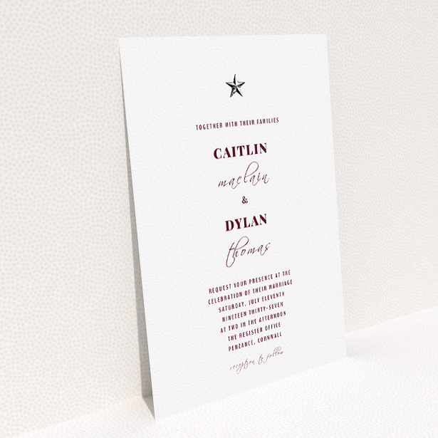 A personalised wedding invite design titled "North Star". It is an A5 invite in a portrait orientation. "North Star" is available as a flat invite, with mainly white colouring.