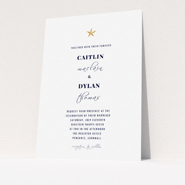 A personalised wedding invite called "North Star". It is an A5 invite in a portrait orientation. "North Star" is available as a flat invite, with tones of white and gold.