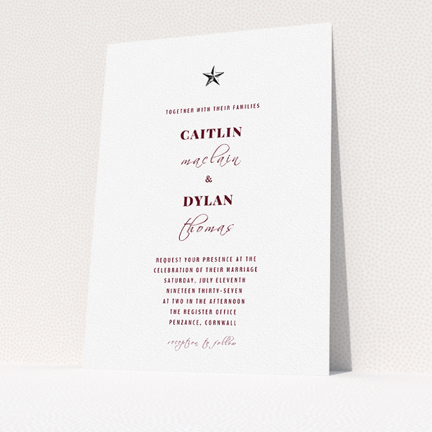 A personalised wedding invite design titled "North Star". It is an A5 invite in a portrait orientation. "North Star" is available as a flat invite, with mainly white colouring.