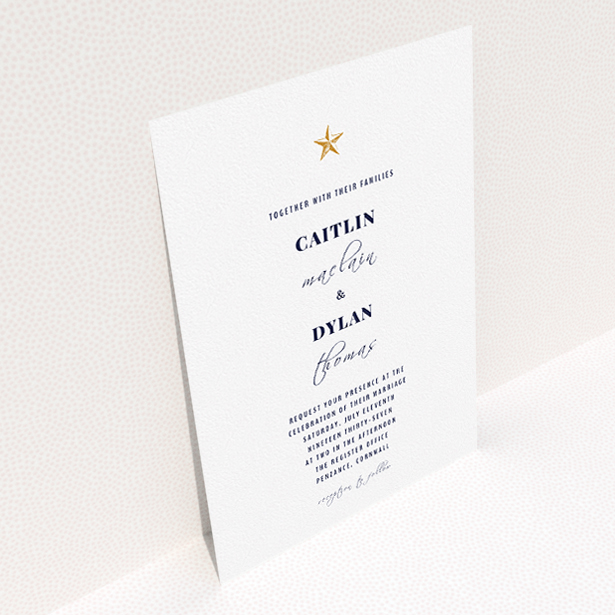 A personalised wedding invite called "North Star". It is an A5 invite in a portrait orientation. "North Star" is available as a flat invite, with tones of white and gold.