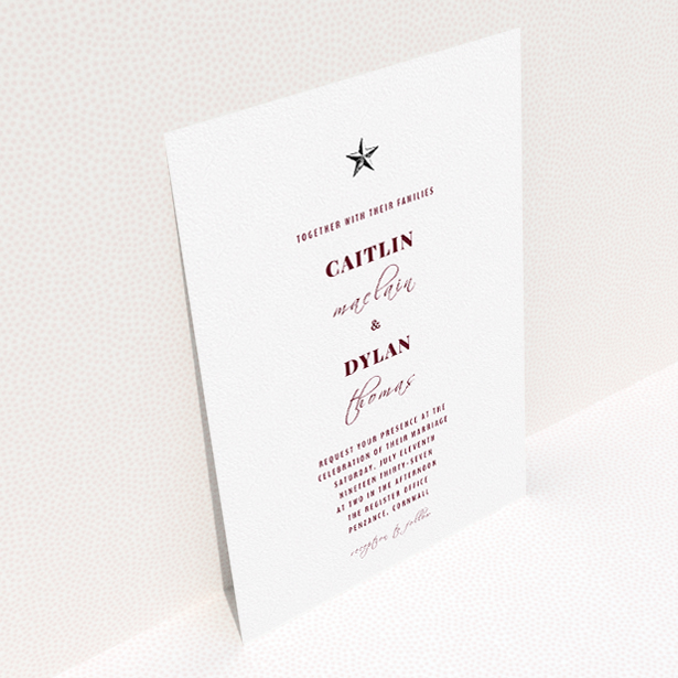 A personalised wedding invite design titled "North Star". It is an A5 invite in a portrait orientation. "North Star" is available as a flat invite, with mainly white colouring.