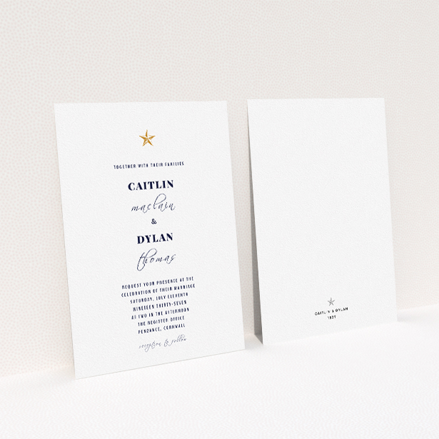 A personalised wedding invite called "North Star". It is an A5 invite in a portrait orientation. "North Star" is available as a flat invite, with tones of white and gold.