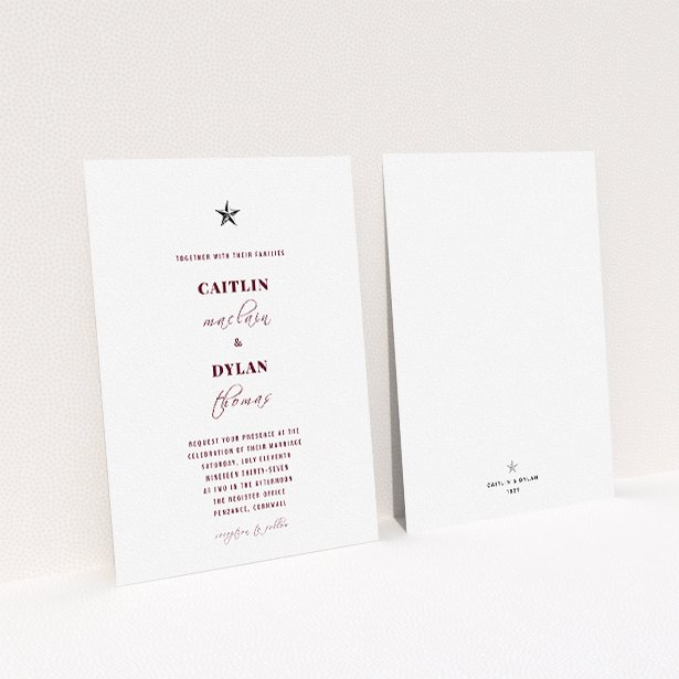 A personalised wedding invite design titled "North Star". It is an A5 invite in a portrait orientation. "North Star" is available as a flat invite, with mainly white colouring.