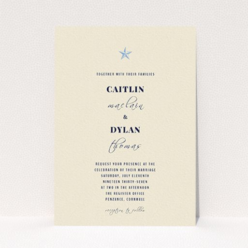 A personalised wedding invite named "North Star". It is an A6 invite in a portrait orientation. "North Star" is available as a flat invite, with mainly dark cream colouring.