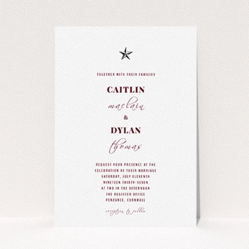 A personalised wedding invite design named "North Star". It is an A6 invite in a portrait orientation. "North Star" is available as a flat invite, with mainly white colouring.