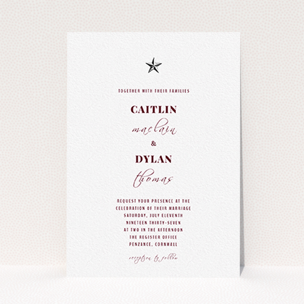 A personalised wedding invite design named "North Star". It is an A6 invite in a portrait orientation. "North Star" is available as a flat invite, with mainly white colouring.