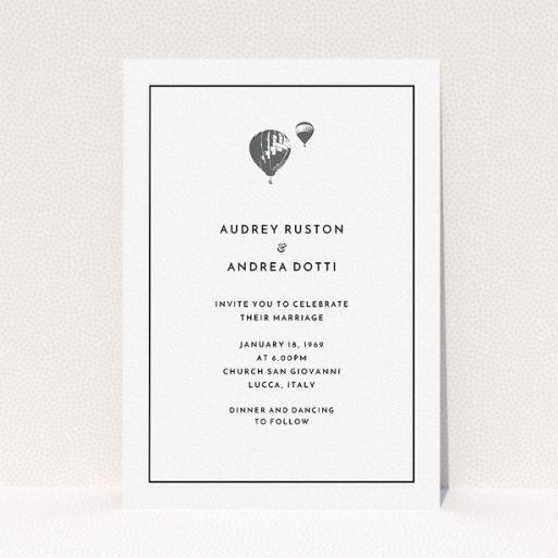 A personalised wedding invite design titled "Off and away". It is an A5 invite in a portrait orientation. "Off and away" is available as a flat invite, with tones of white and grey.