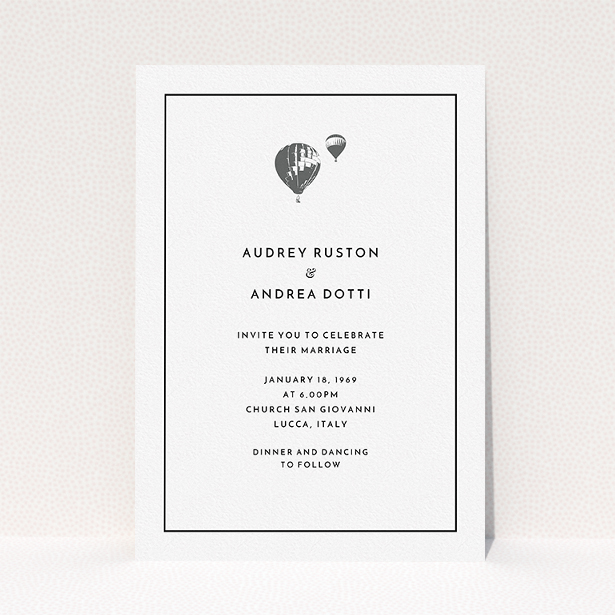 A personalised wedding invite design titled "Off and away". It is an A5 invite in a portrait orientation. "Off and away" is available as a flat invite, with tones of white and grey.
