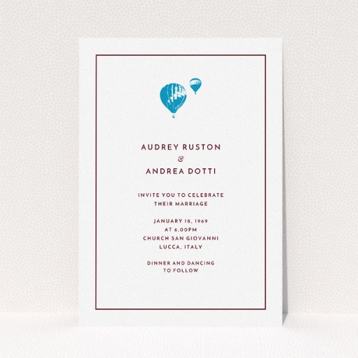 A personalised wedding invite template titled "Off and away". It is an A5 invite in a portrait orientation. "Off and away" is available as a flat invite, with tones of white and blue.