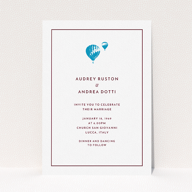 A personalised wedding invite template titled "Off and away". It is an A5 invite in a portrait orientation. "Off and away" is available as a flat invite, with tones of white and blue.