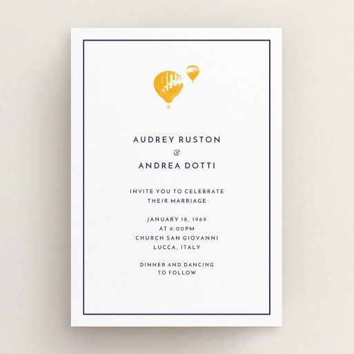A personalised wedding invite design called "Off and away". It is an A5 invite in a portrait orientation. "Off and away" is available as a flat invite, with tones of white and orange.