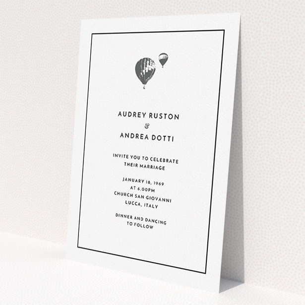 A personalised wedding invite design titled 'Off and away'. It is an A5 invite in a portrait orientation. 'Off and away' is available as a flat invite, with tones of white and grey.