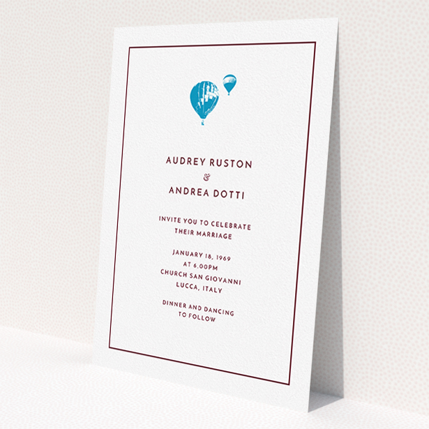 A personalised wedding invite template titled 'Off and away'. It is an A5 invite in a portrait orientation. 'Off and away' is available as a flat invite, with tones of white and blue.