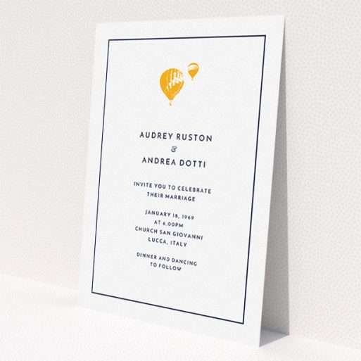 A personalised wedding invite design called 'Off and away'. It is an A5 invite in a portrait orientation. 'Off and away' is available as a flat invite, with tones of white and orange.