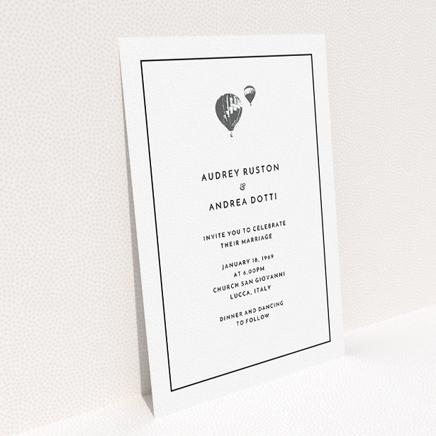 A personalised wedding invite design titled "Off and away". It is an A5 invite in a portrait orientation. "Off and away" is available as a flat invite, with tones of white and grey.