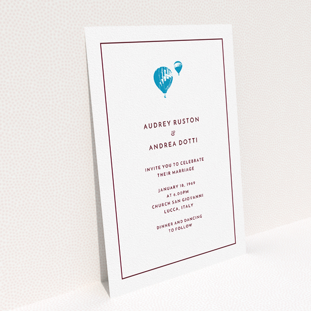 A personalised wedding invite template titled "Off and away". It is an A5 invite in a portrait orientation. "Off and away" is available as a flat invite, with tones of white and blue.