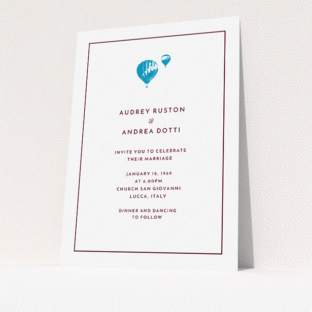 A personalised wedding invite template titled "Off and away". It is an A5 invite in a portrait orientation. "Off and away" is available as a flat invite, with tones of white and blue.
