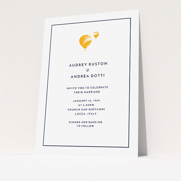 A personalised wedding invite design called "Off and away". It is an A5 invite in a portrait orientation. "Off and away" is available as a flat invite, with tones of white and orange.