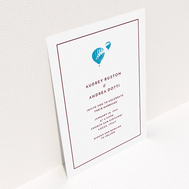 A personalised wedding invite template titled "Off and away". It is an A5 invite in a portrait orientation. "Off and away" is available as a flat invite, with tones of white and blue.
