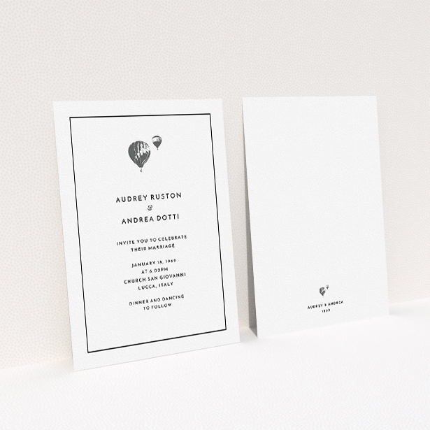 A personalised wedding invite design titled "Off and away". It is an A5 invite in a portrait orientation. "Off and away" is available as a flat invite, with tones of white and grey.
