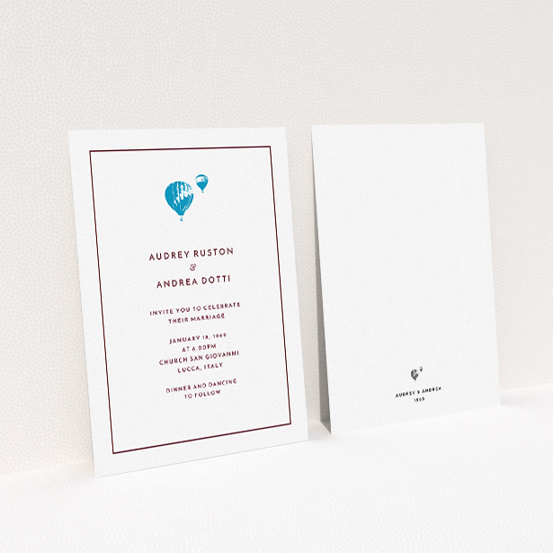 A personalised wedding invite template titled "Off and away". It is an A5 invite in a portrait orientation. "Off and away" is available as a flat invite, with tones of white and blue.