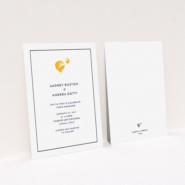 A personalised wedding invite design called "Off and away". It is an A5 invite in a portrait orientation. "Off and away" is available as a flat invite, with tones of white and orange.