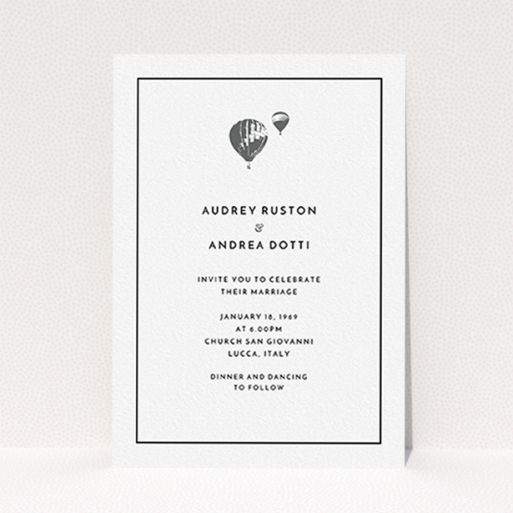 A personalised wedding invite design called "Off and away". It is an A6 invite in a portrait orientation. "Off and away" is available as a flat invite, with tones of white and grey.